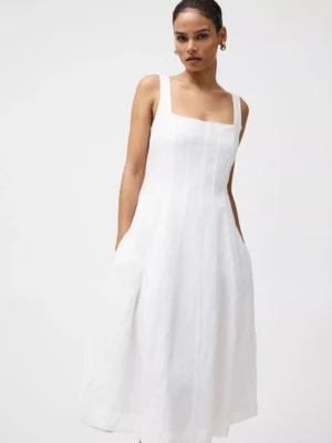 Váy cổ vuông pha linen Birdie French Connection, Trắng mùa hè