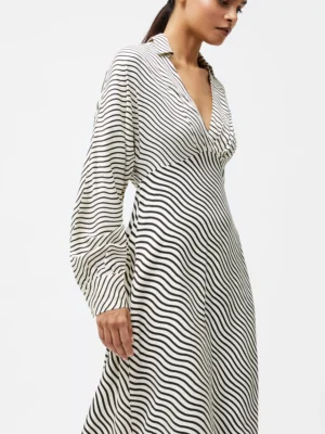 Đầm Midi Satin Kẻ Candice French Connection, Đen/ Kem