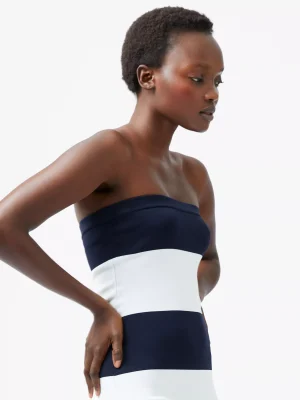 French Connection Monochrome Bodycon Knit Midi Dress, Summer White/Marine