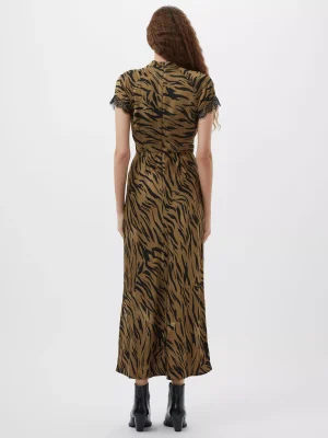 French Connection Abeline Zebra Lace Trim Satin Dress, Khaki/Multi