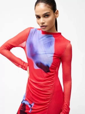 French Connection Smokey Floral Long Sleeve Dress, Red/Multi